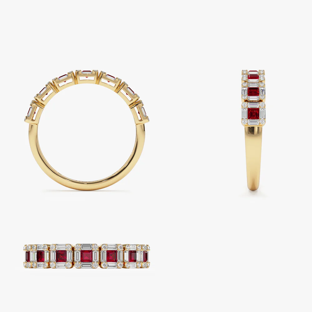 14k Princess Cut Ruby W/ Baguette and Round Diamond Ring - Image 9