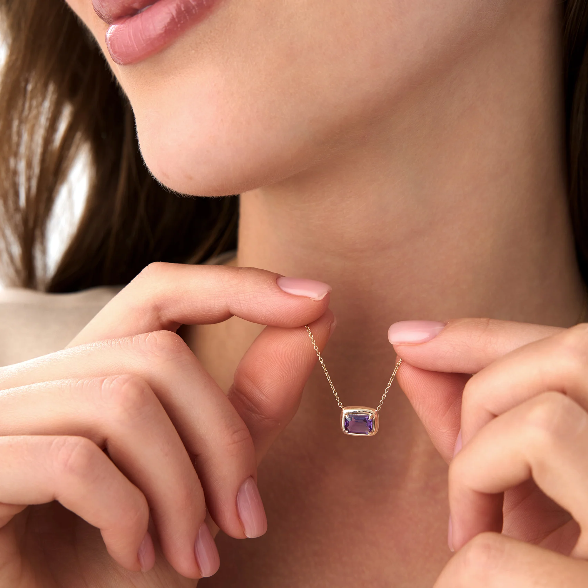 14K Prong Setting Emerald Cut Amethyst Necklace - Image 2
