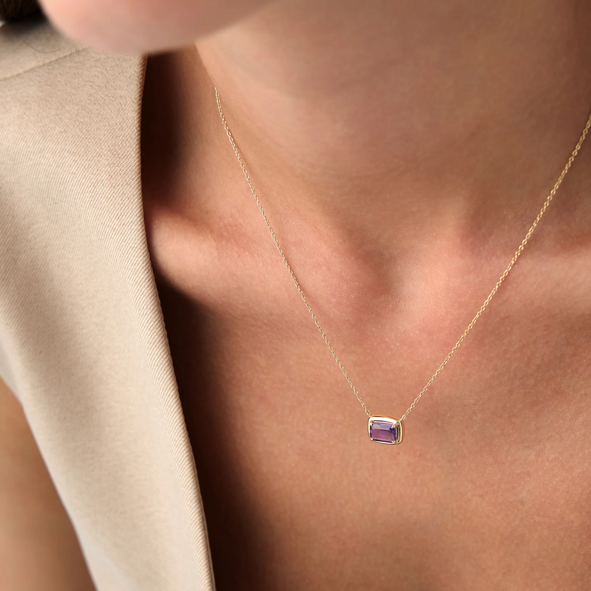14K Prong Setting Emerald Cut Amethyst Necklace - Image 3