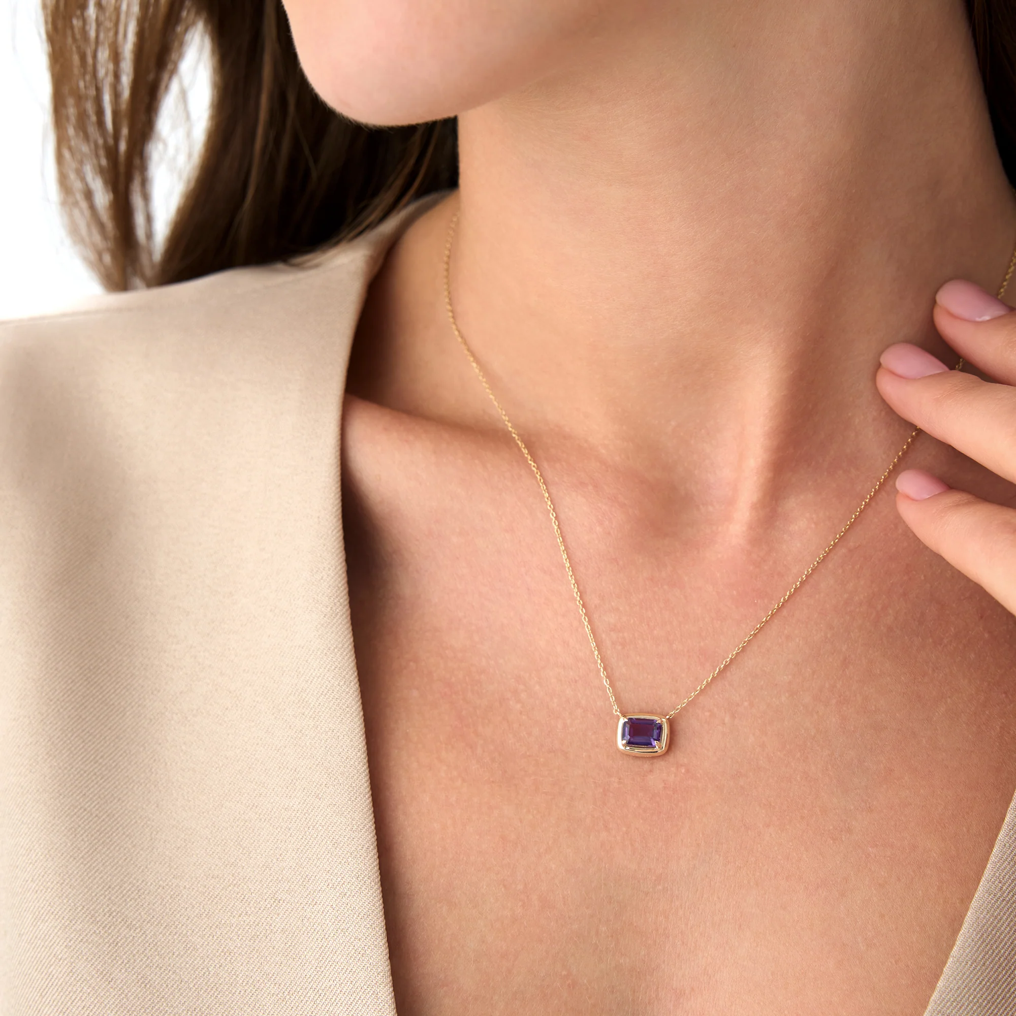 14K Prong Setting Emerald Cut Amethyst Necklace - Image 5