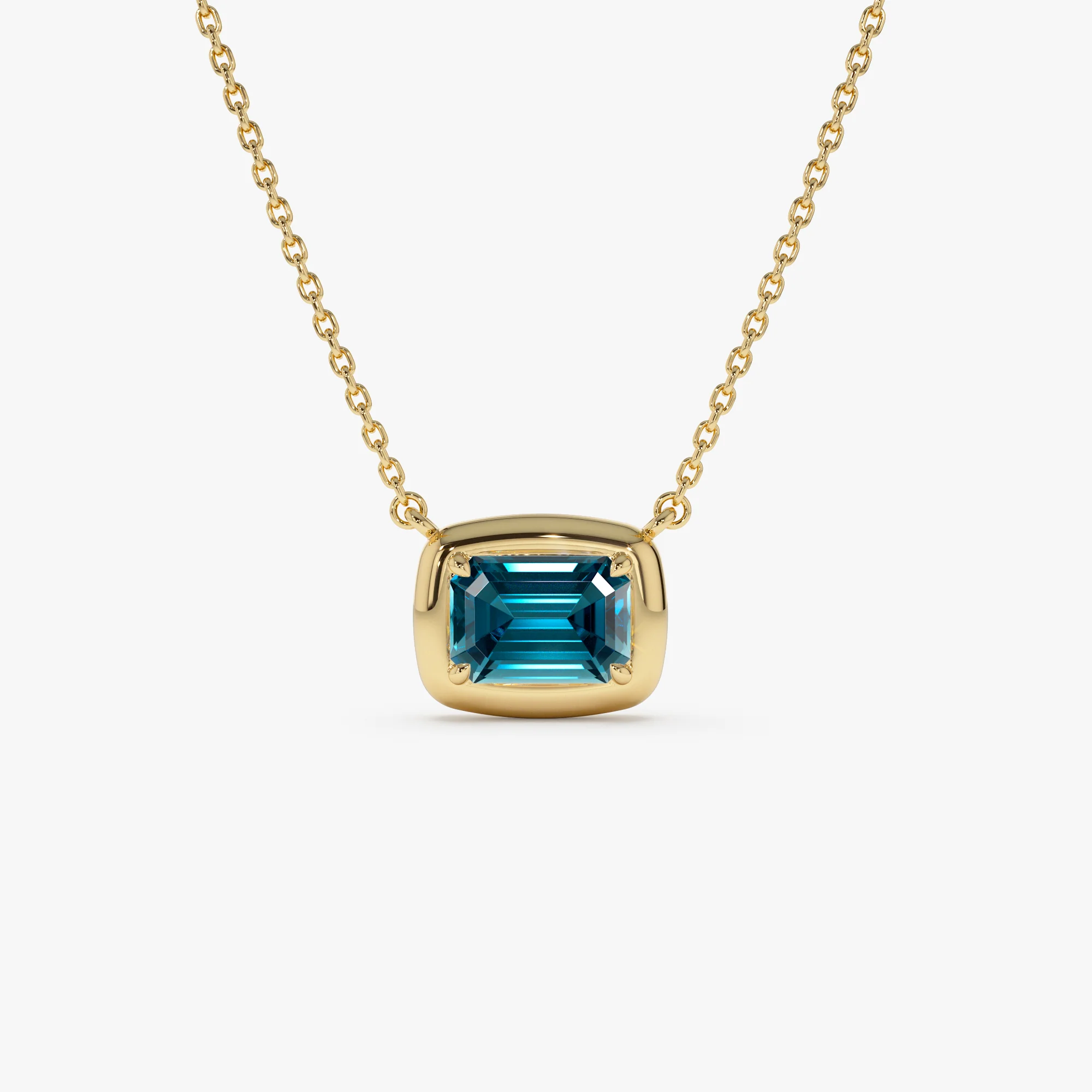 14K Prong Setting Emerald Cut London Blue Topaz Necklace