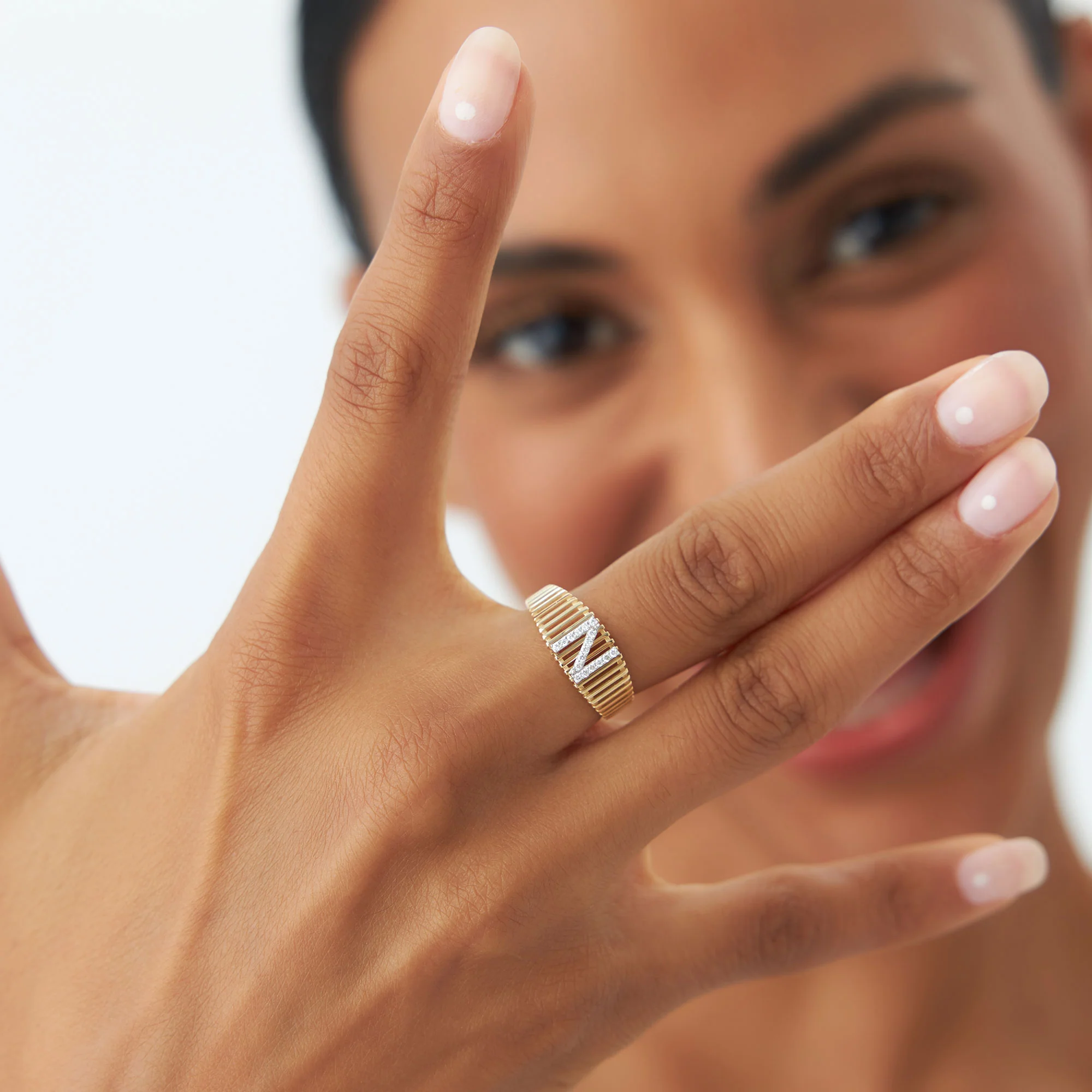 14k Ribed Cage Diamond Initial Ring - Image 3