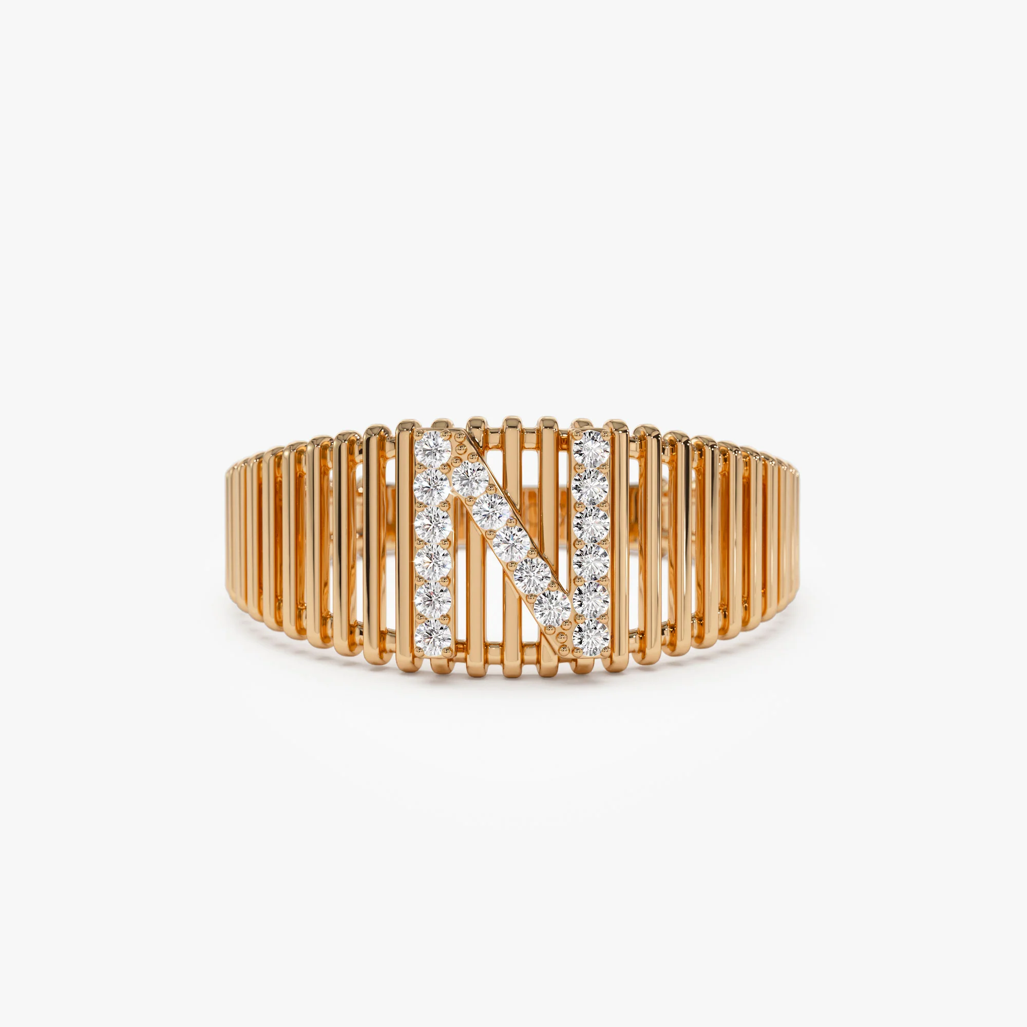 14k Ribed Cage Diamond Initial Ring - Image 5