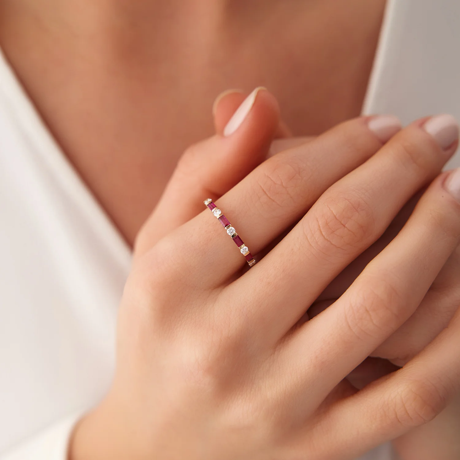 14k Ruby Baguette and Diamond Stackable Wedding Ring - Image 3