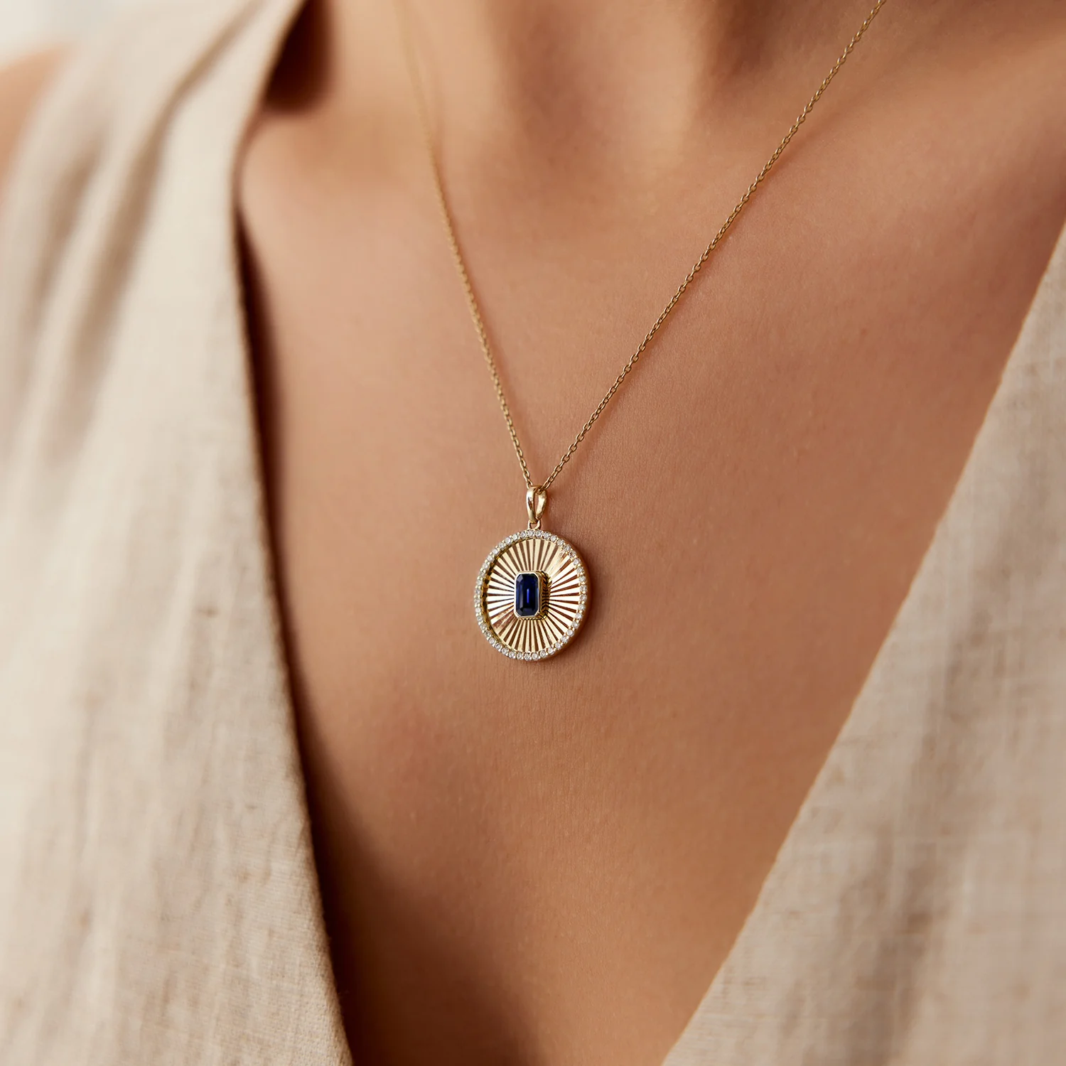 14K Sapphire and Diamond Medallion Necklace - Image 2