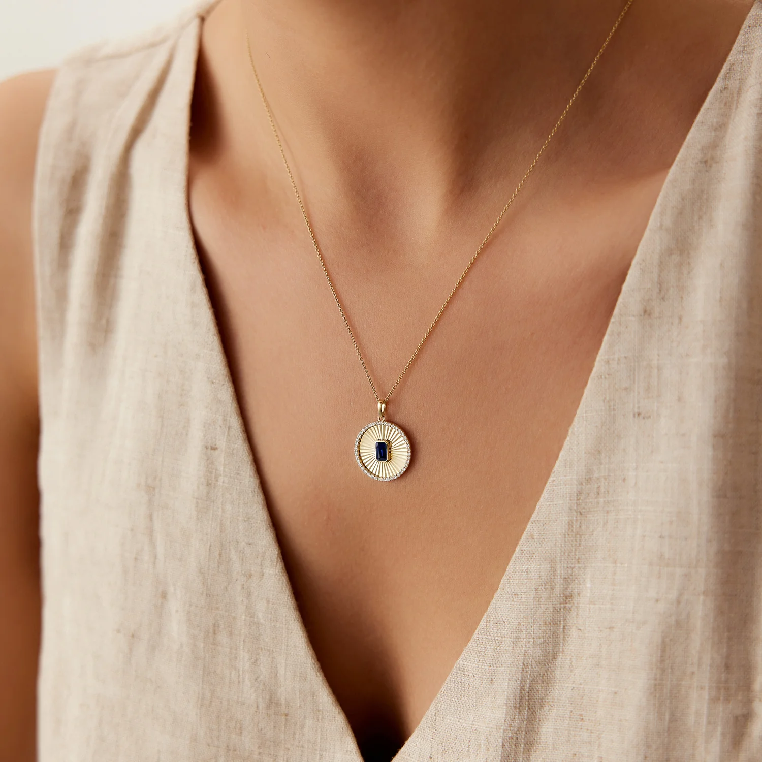 14K Sapphire and Diamond Medallion Necklace - Image 5