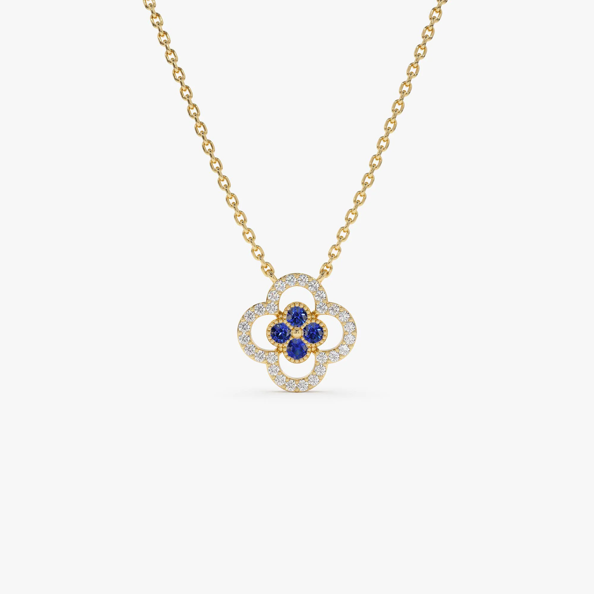 14k Sapphire Clover Necklace in Halo Setting