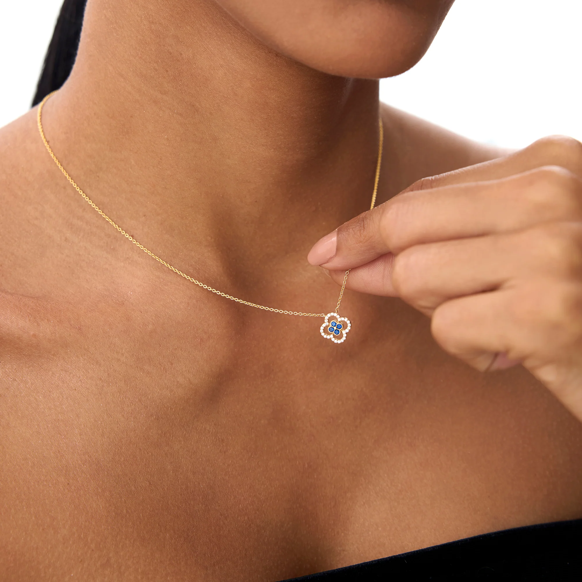 14k Sapphire Clover Necklace in Halo Setting - Image 2