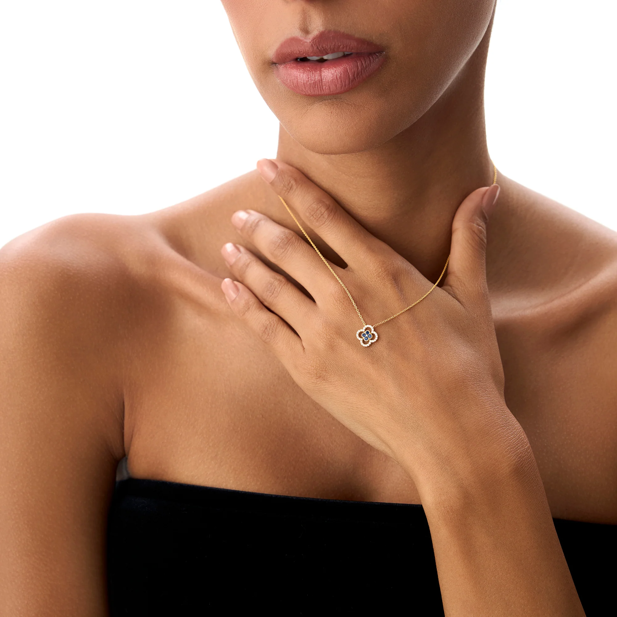 14k Sapphire Clover Necklace in Halo Setting - Image 3