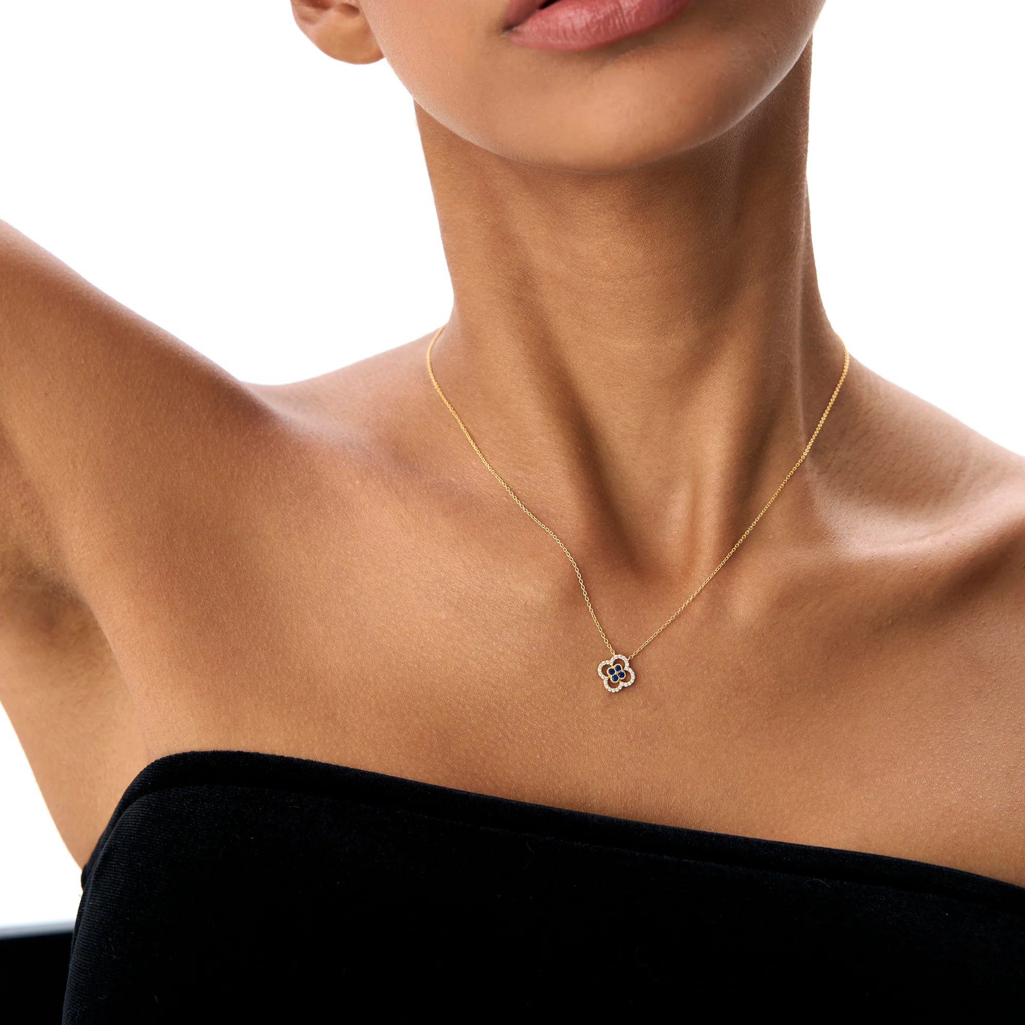14k Sapphire Clover Necklace in Halo Setting - Image 4