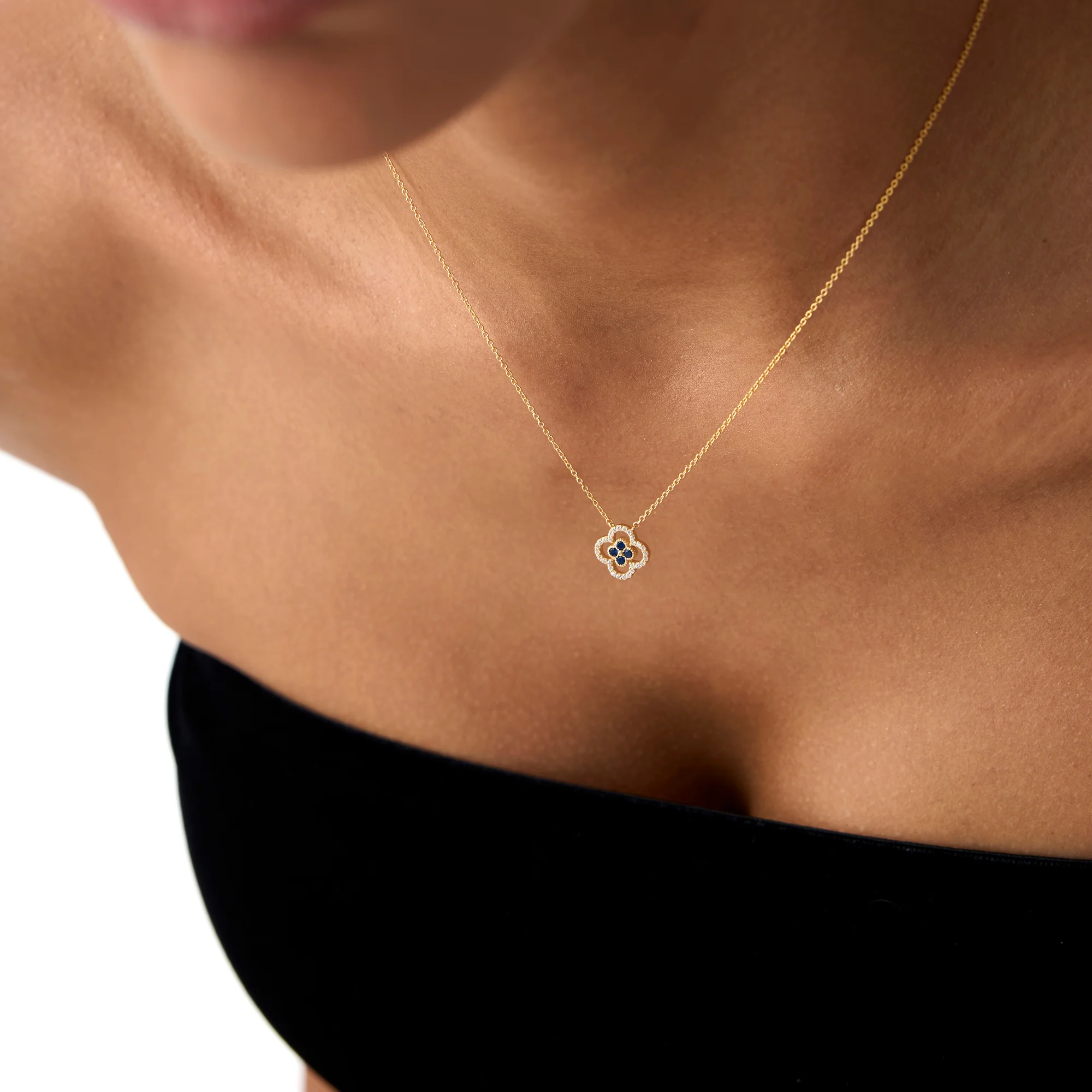 14k Sapphire Clover Necklace in Halo Setting - Image 5