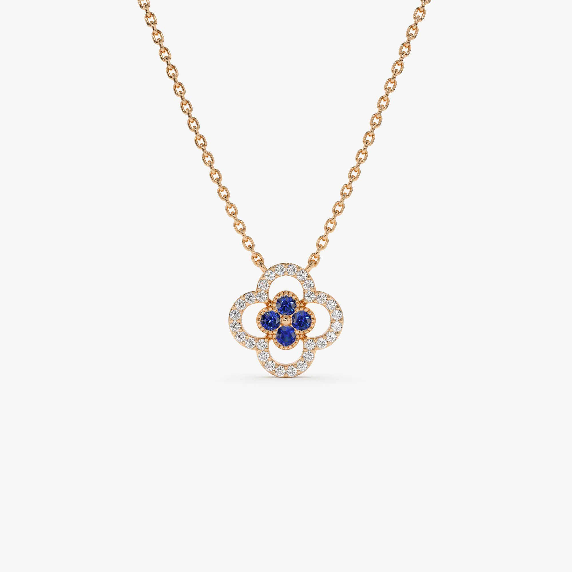 14k Sapphire Clover Necklace in Halo Setting - Image 7