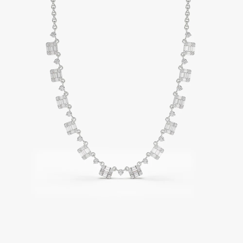 14k Solid Gold Illusion Setting Baguette Diamond Statement Necklace - Image 5