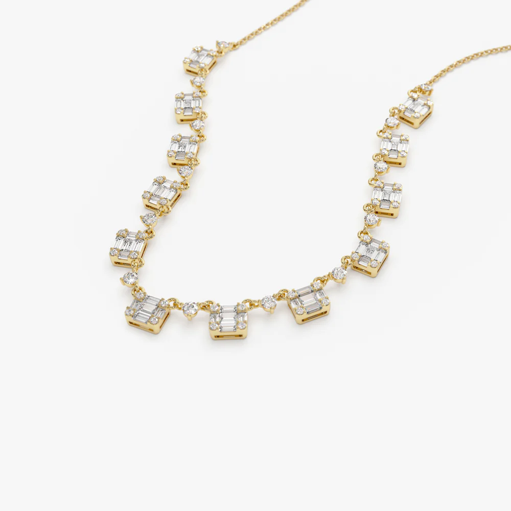 14k Solid Gold Illusion Setting Baguette Diamond Statement Necklace - Image 6