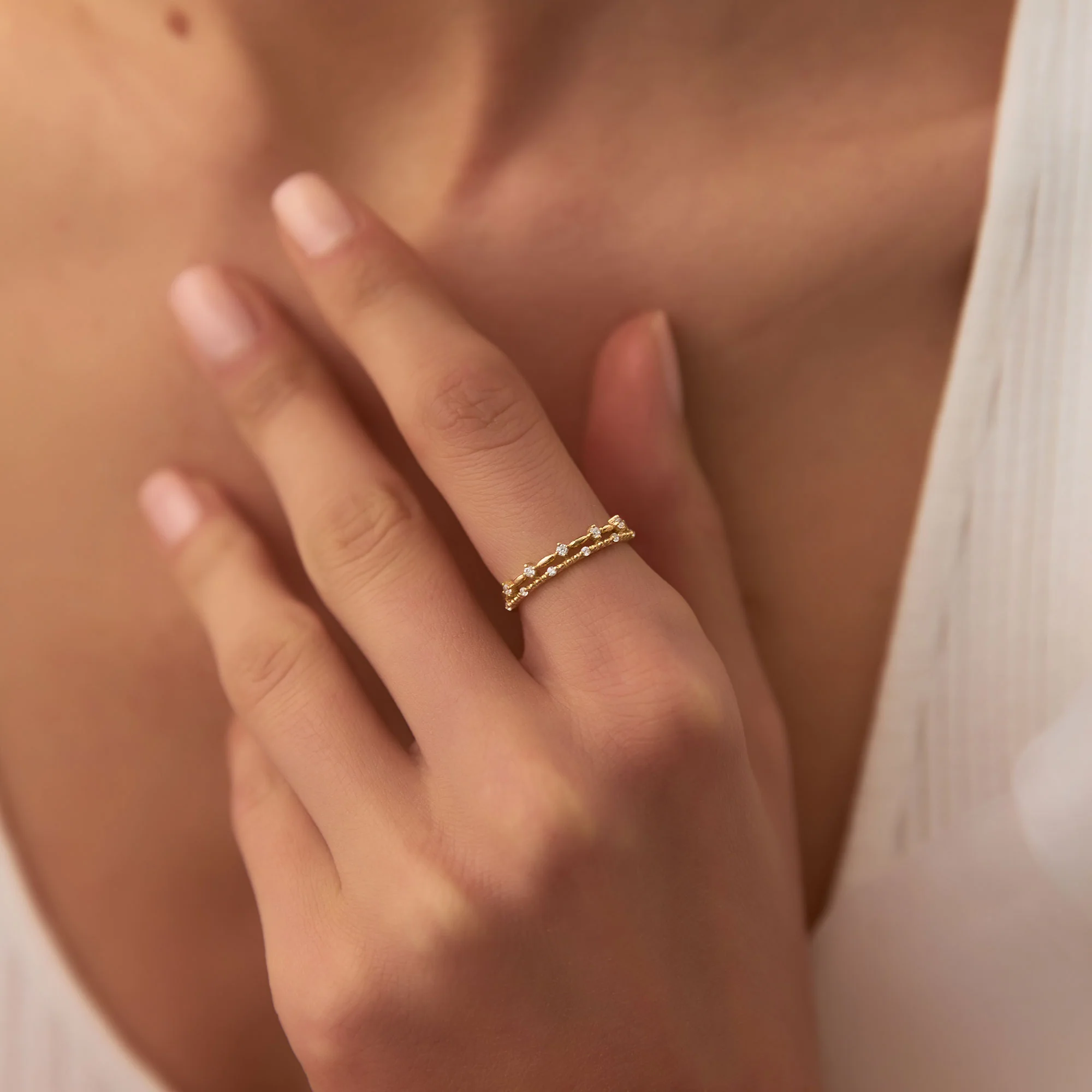 14k Stacked Double Band Diamond Ring - Image 2