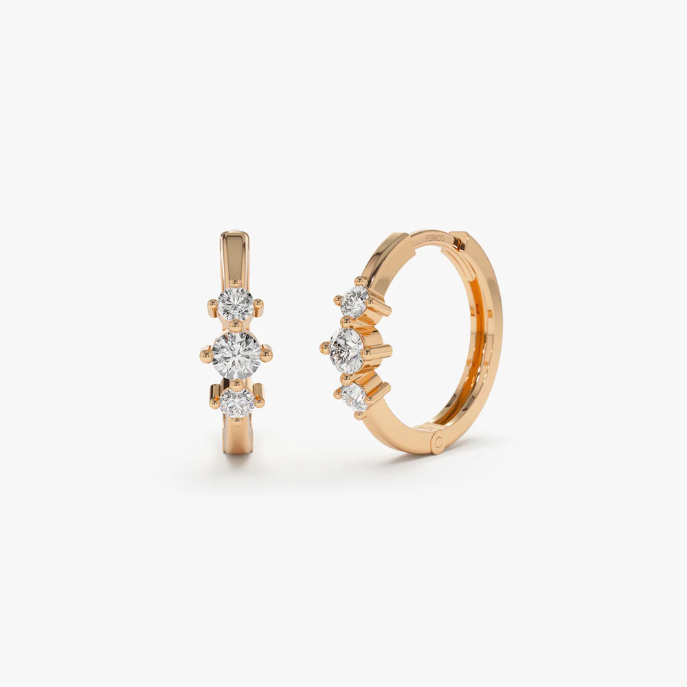 14k Three Stone Mini Diamond Huggies - Image 6