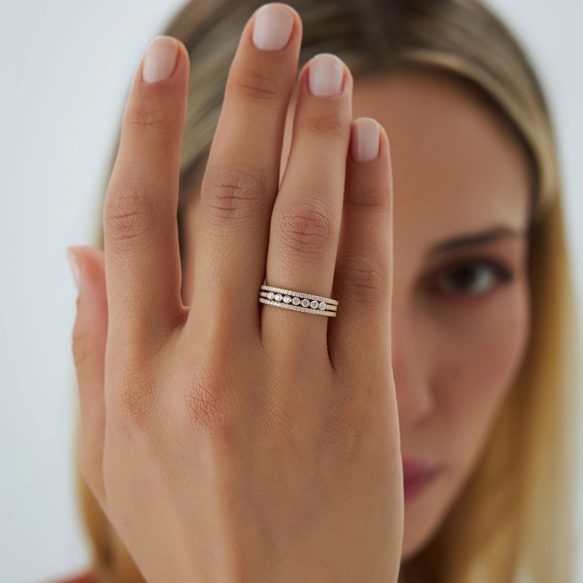 14k Triple Row Diamond Stacking Wedding Ring - Image 4