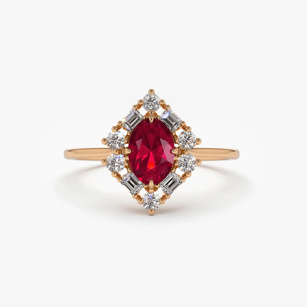 14K Unique Natural Ruby and Baguette Ring - Image 4