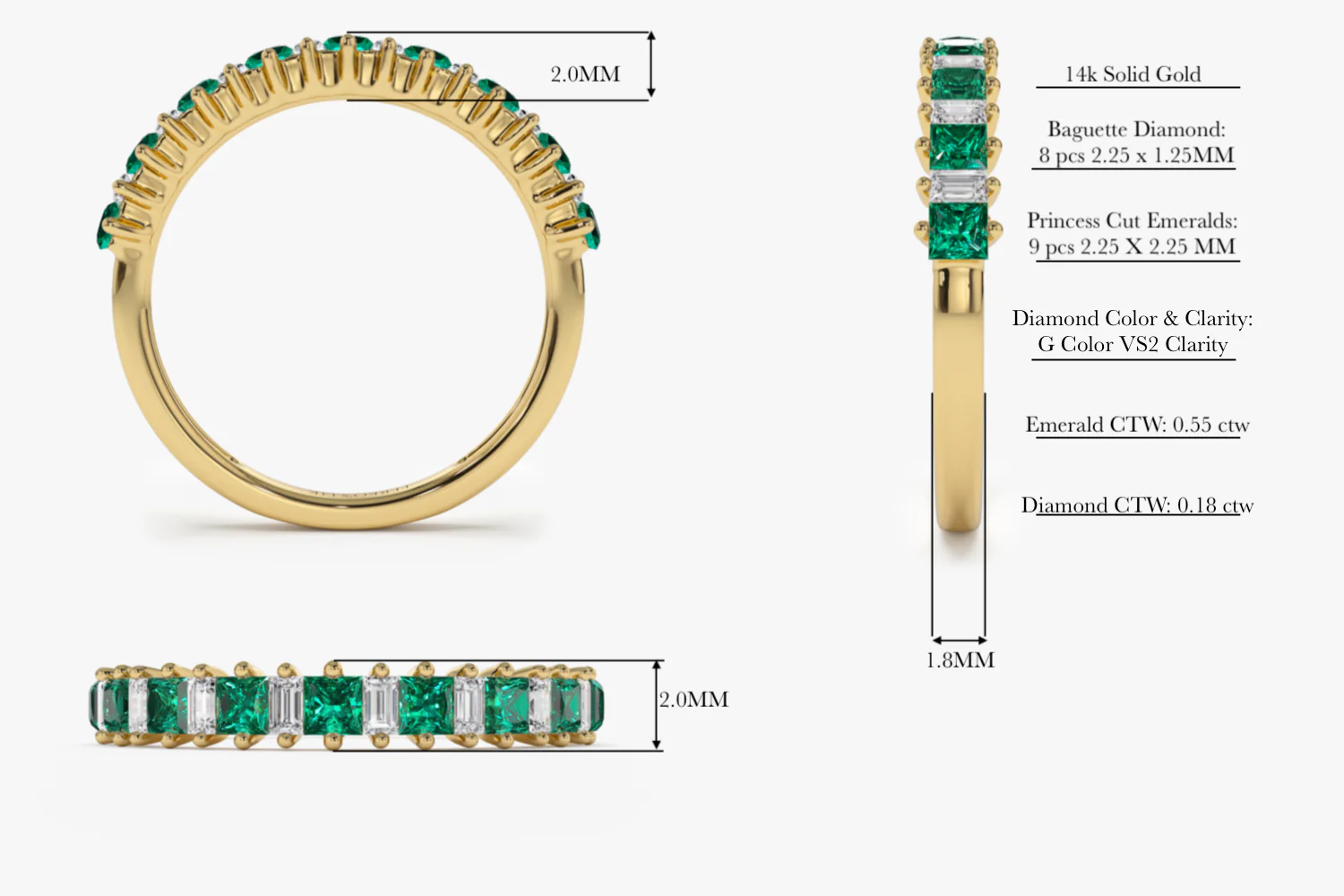 14k Unique Princess Cut Emerald and Baguette Diamond Ring - Image 13