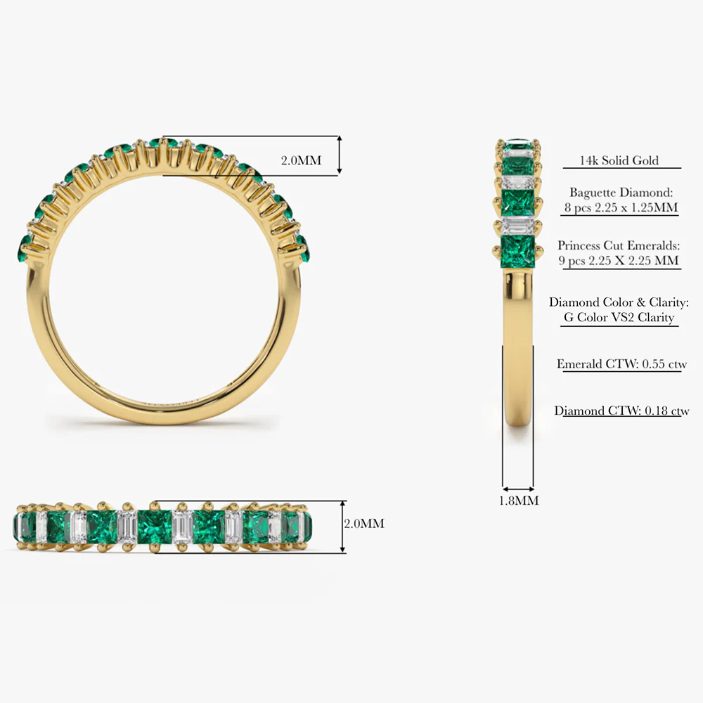 14k Unique Princess Cut Emerald and Baguette Diamond Ring - Image 7