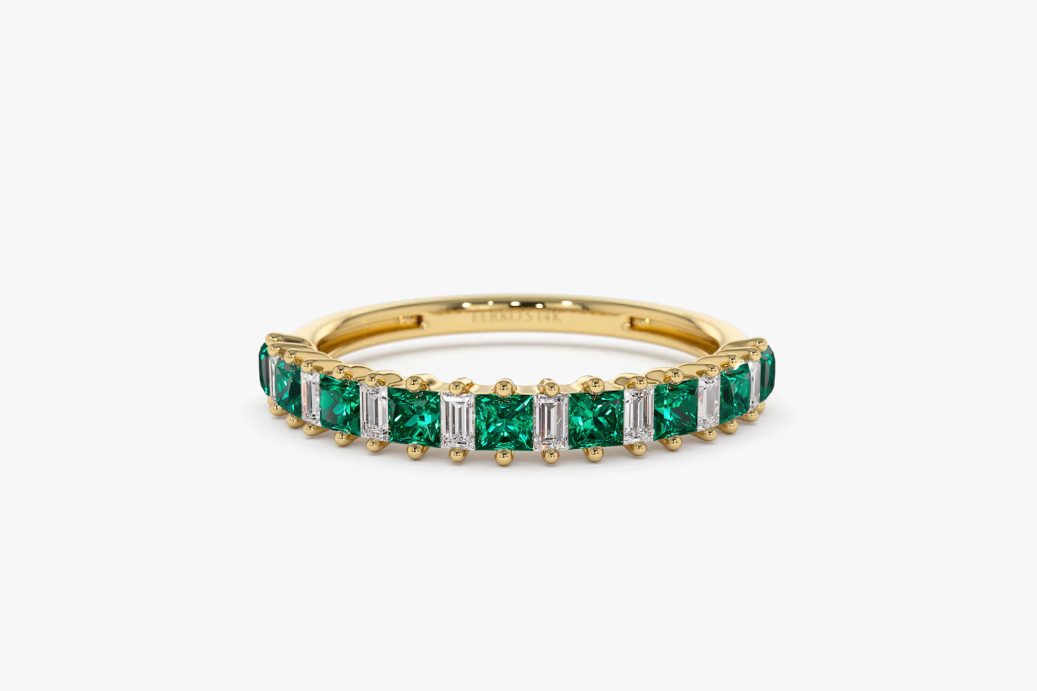 14k Unique Princess Cut Emerald and Baguette Diamond Ring - Image 8