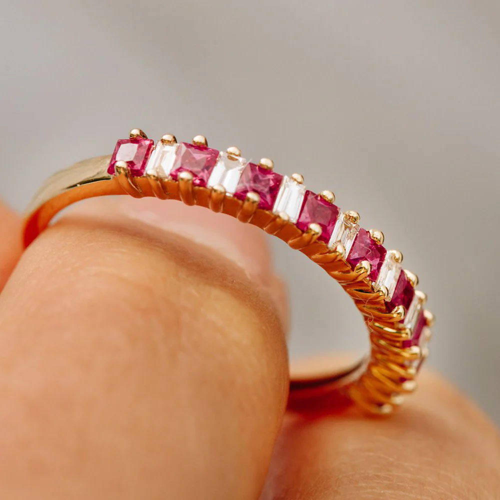 14k Unique Princess Cut Ruby and Baguette Diamond Ring - Image 3