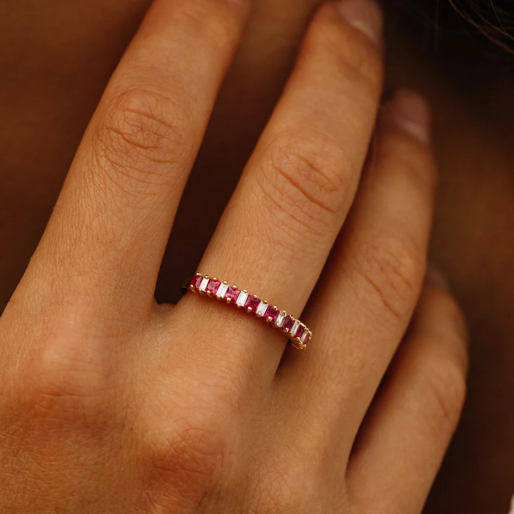 14k Unique Princess Cut Ruby and Baguette Diamond Ring - Image 4