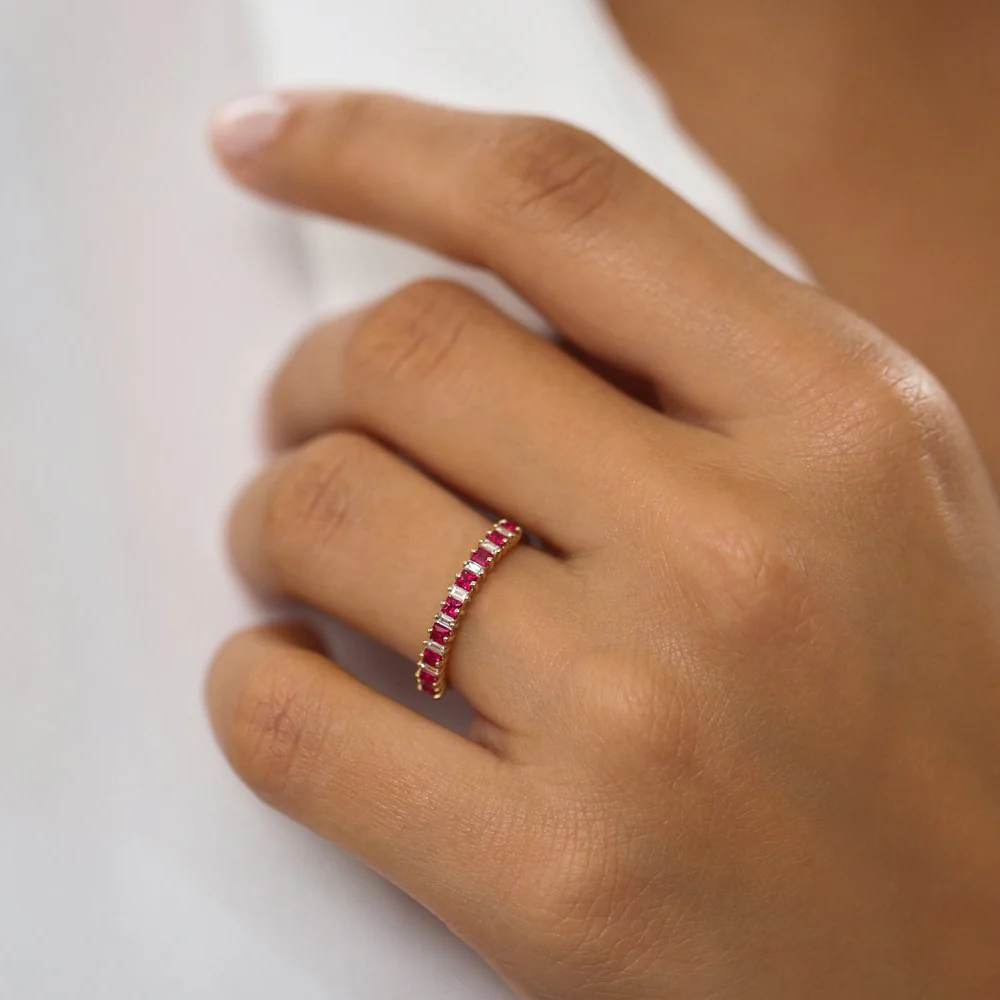 14k Unique Princess Cut Ruby and Baguette Diamond Ring - Image 5