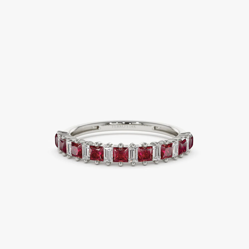 14k Unique Princess Cut Ruby and Baguette Diamond Ring - Image 7