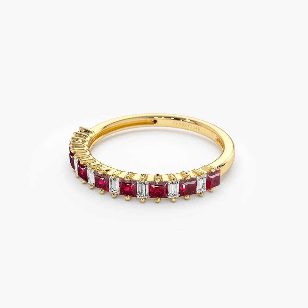 14k Unique Princess Cut Ruby and Baguette Diamond Ring - Image 8