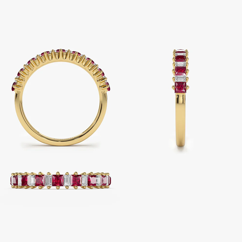 14k Unique Princess Cut Ruby and Baguette Diamond Ring - Image 9