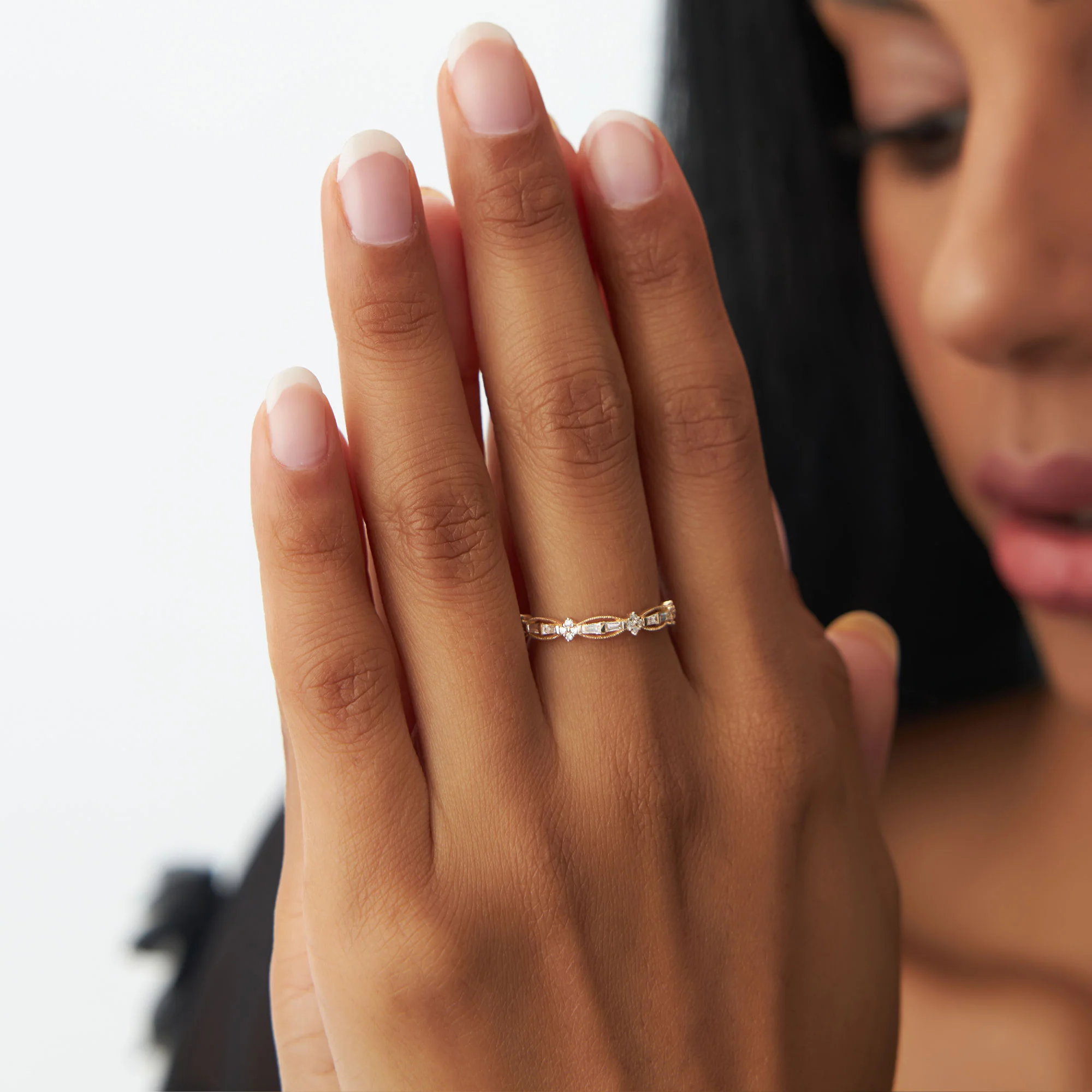14k Vintage Inspired Baguette Diamond Wedding RIng - Image 3