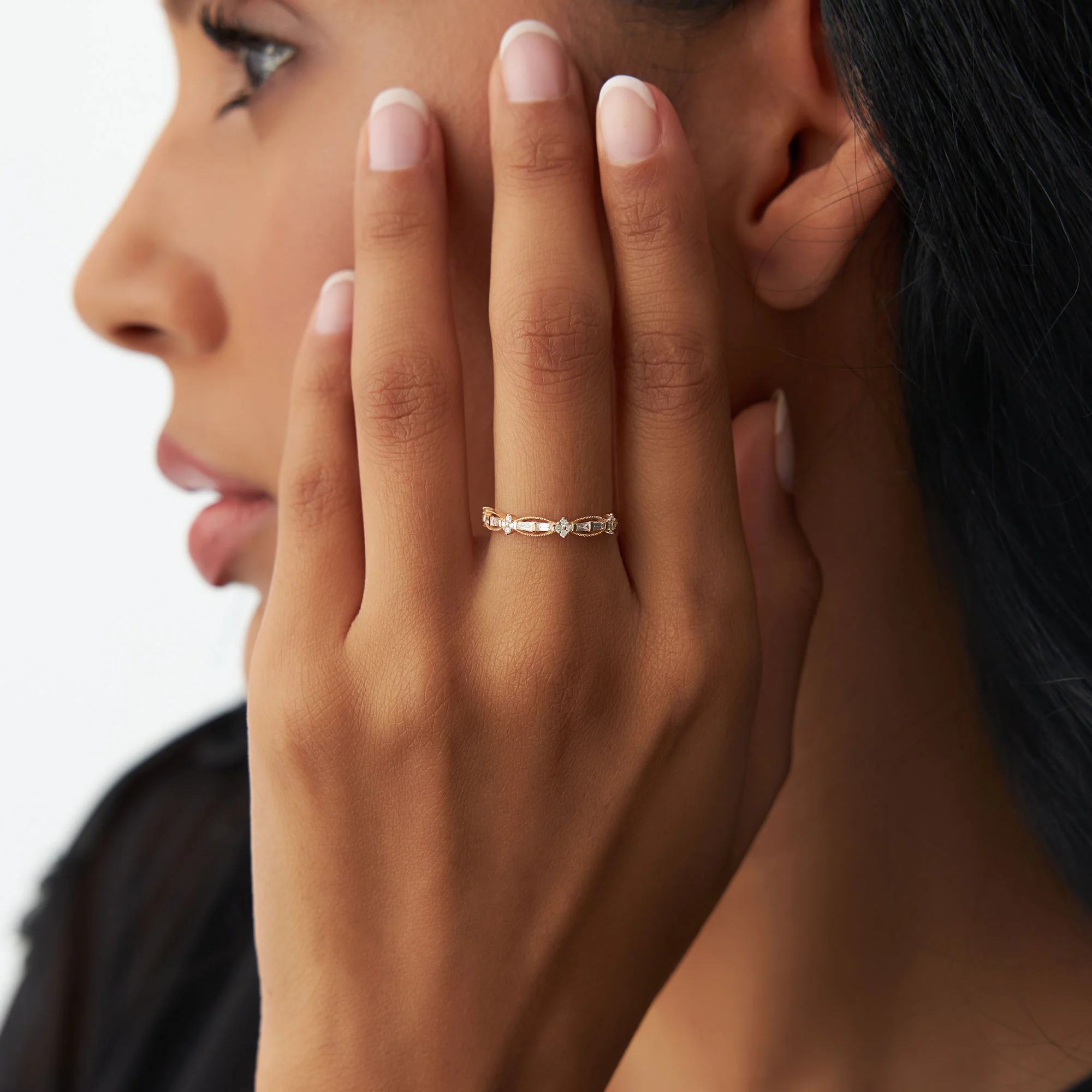 14k Vintage Inspired Baguette Diamond Wedding RIng - Image 4
