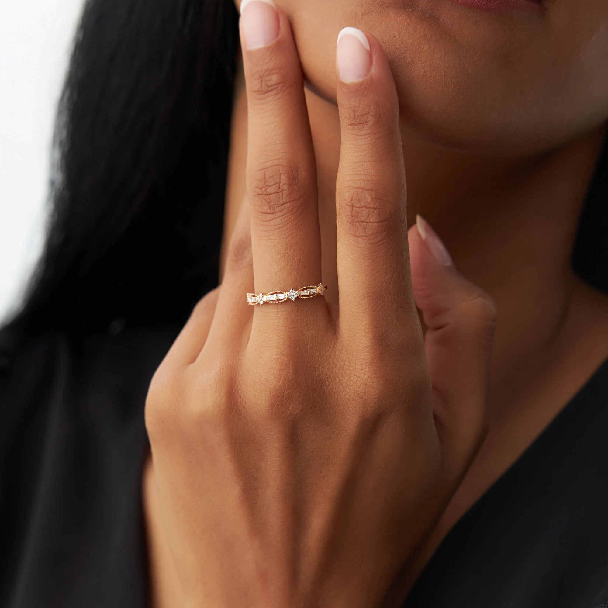 14k Vintage Inspired Baguette Diamond Wedding RIng - Image 5