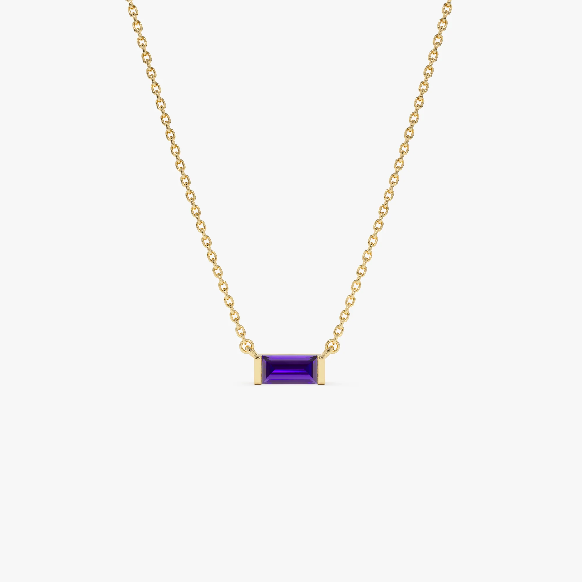 14Kt Gold Baguette Amethyst Dainty Birthstone Necklace