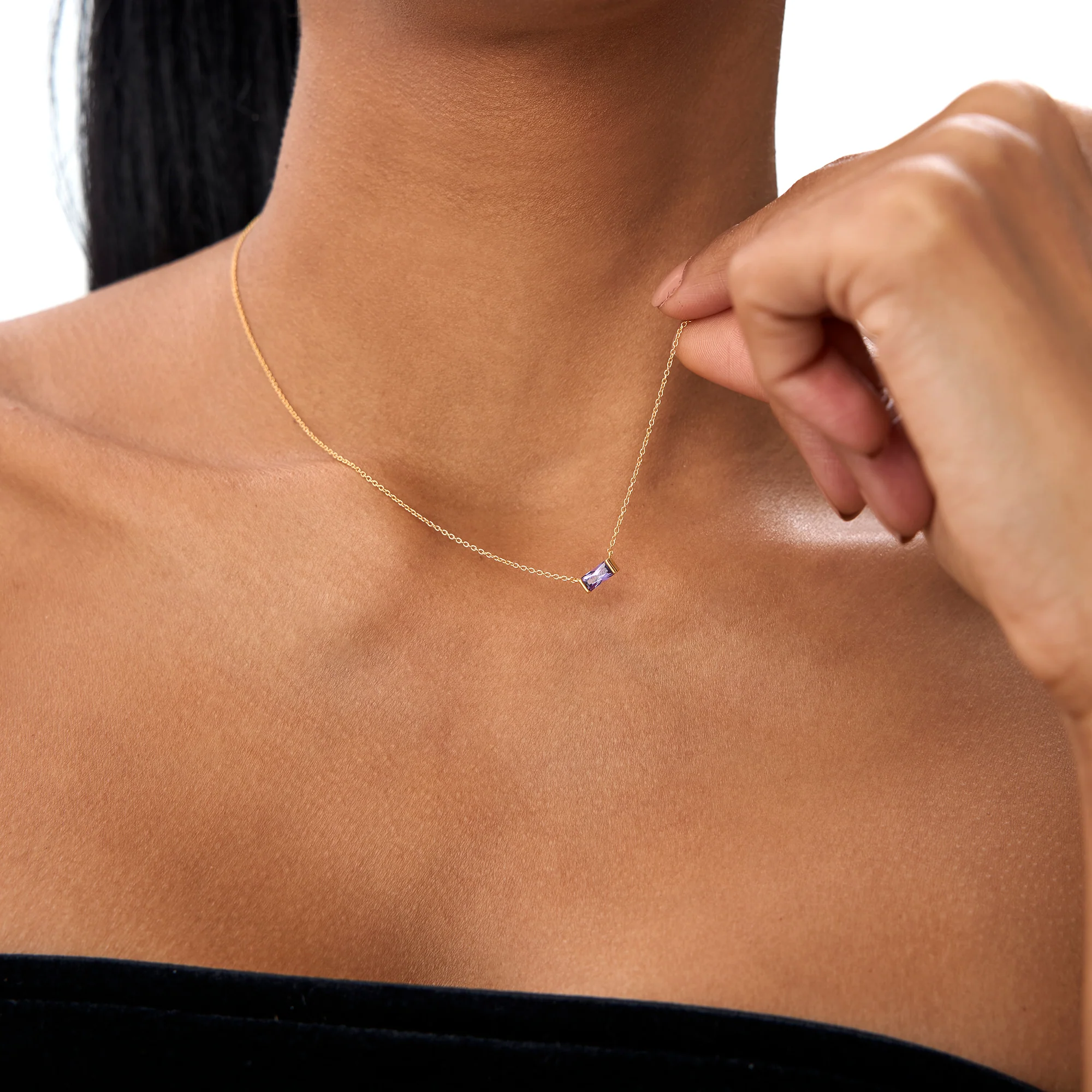 14Kt Gold Baguette Amethyst Dainty Birthstone Necklace - Image 2