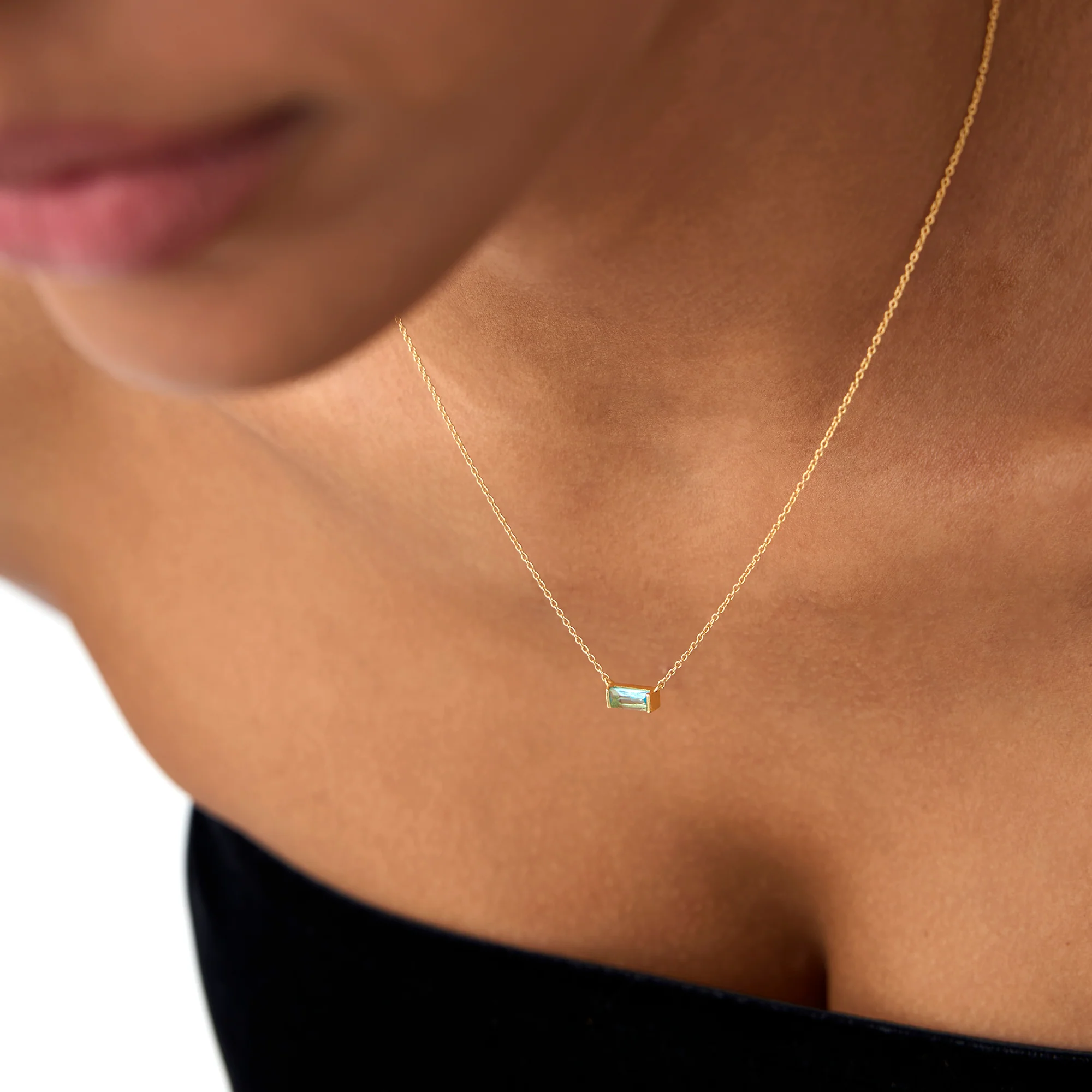 14Kt Gold Baguette London Blue Topaz Dainty Birthstone Necklace - Image 3