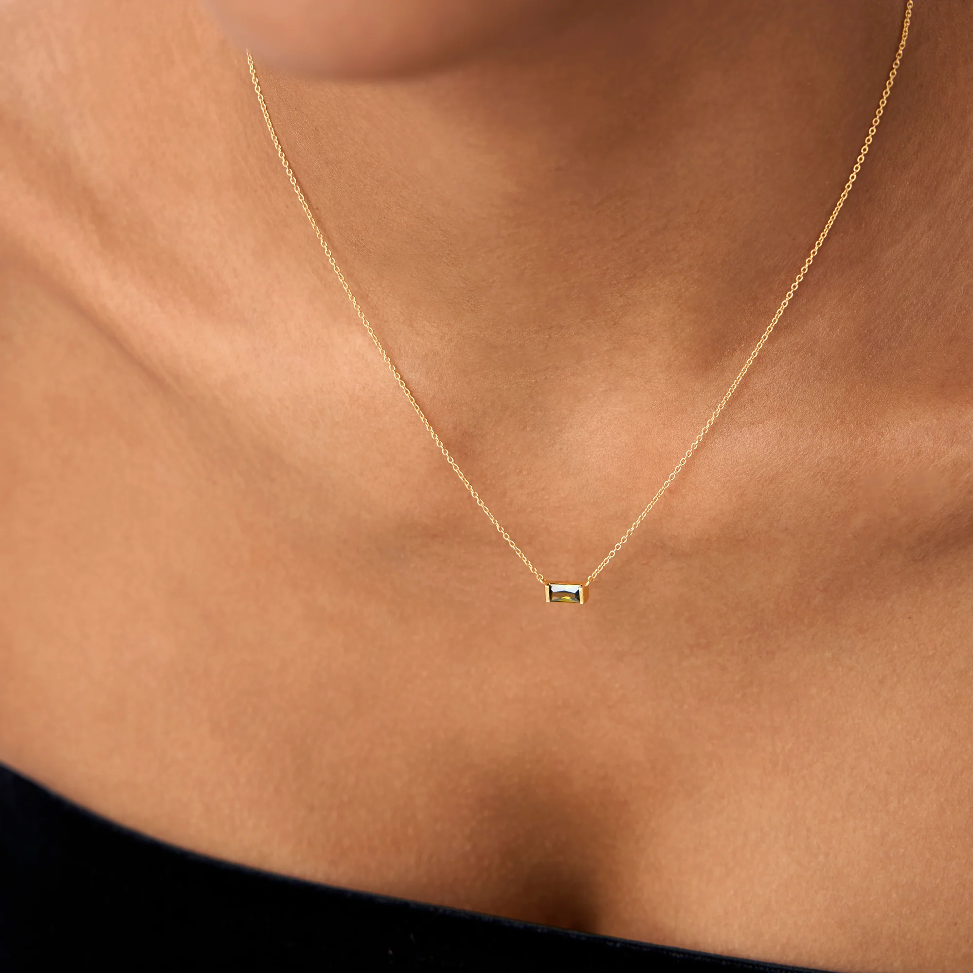 14Kt Gold Baguette Peridot Dainty Birthstone Necklace - Image 3