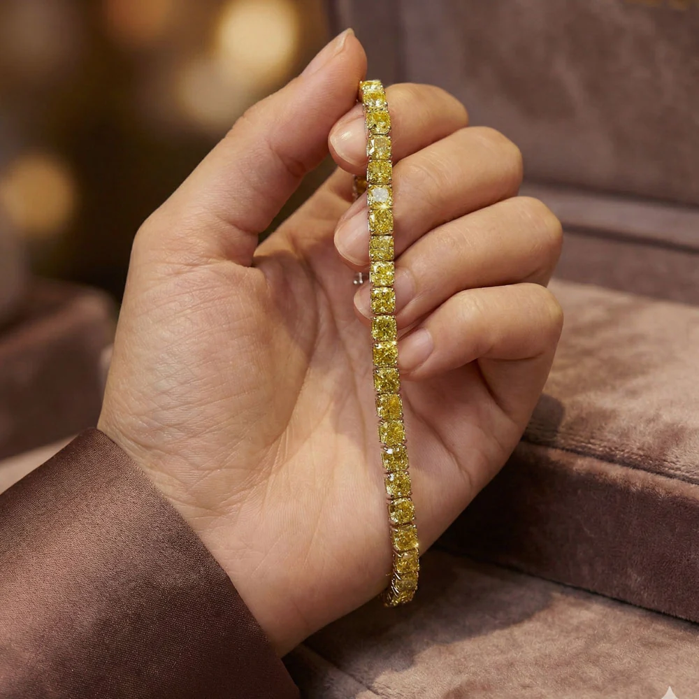 17.50 ctw 14k Lab Grown Cushion Cut Fancy Vivid Yellow Diamond Tennis Bracelet - Paige - Image 2