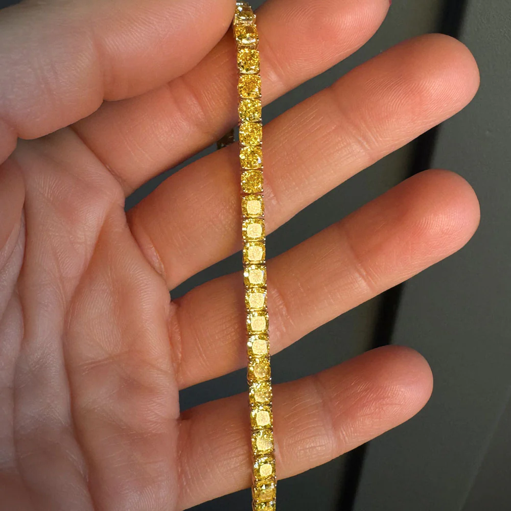 17.50 ctw 14k Lab Grown Cushion Cut Fancy Vivid Yellow Diamond Tennis Bracelet - Paige - Image 3