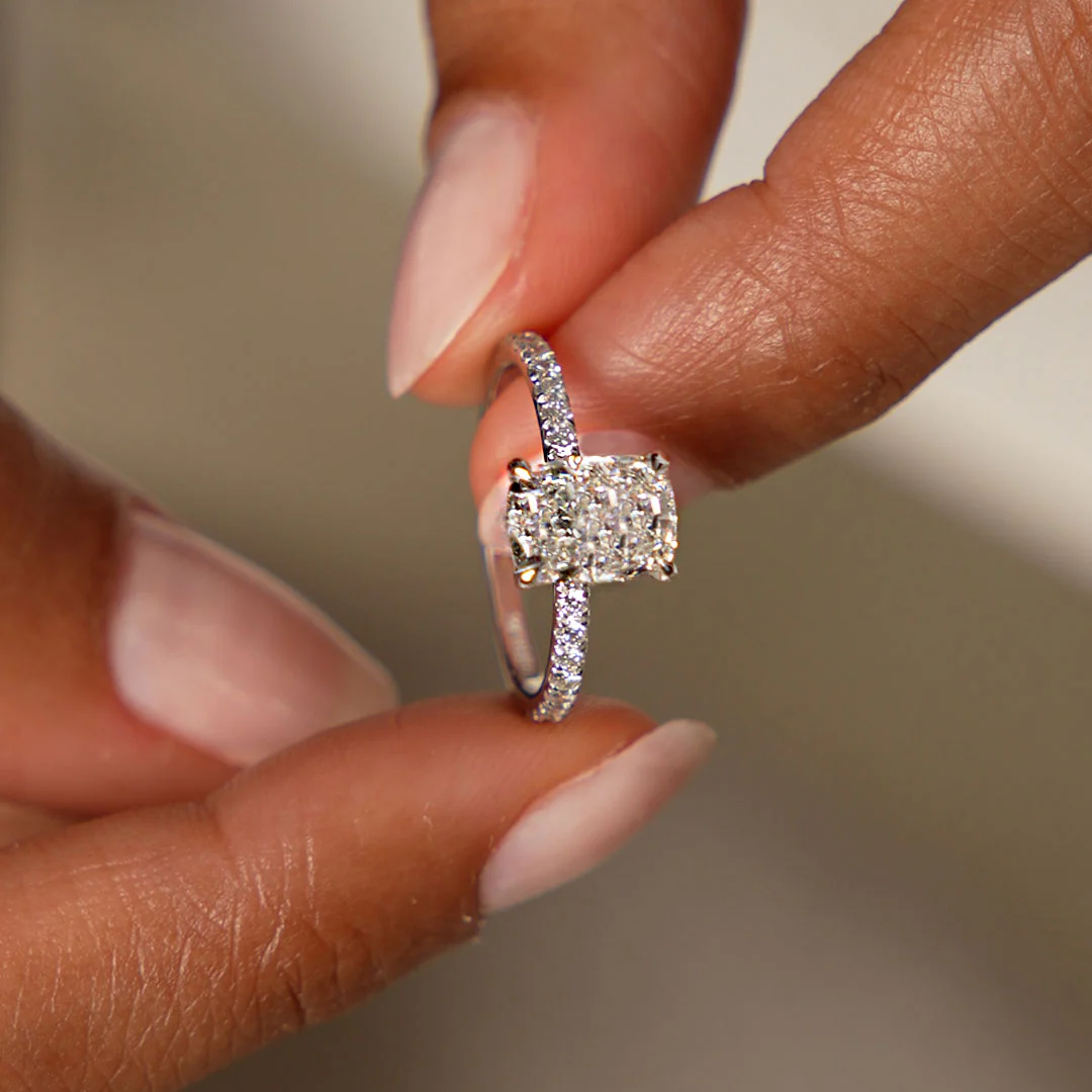 2.00 Ctw 14k Cushion Cut Lab Grown Diamond Pavé Band Ring with Hidden Halo – Renée - Image 2