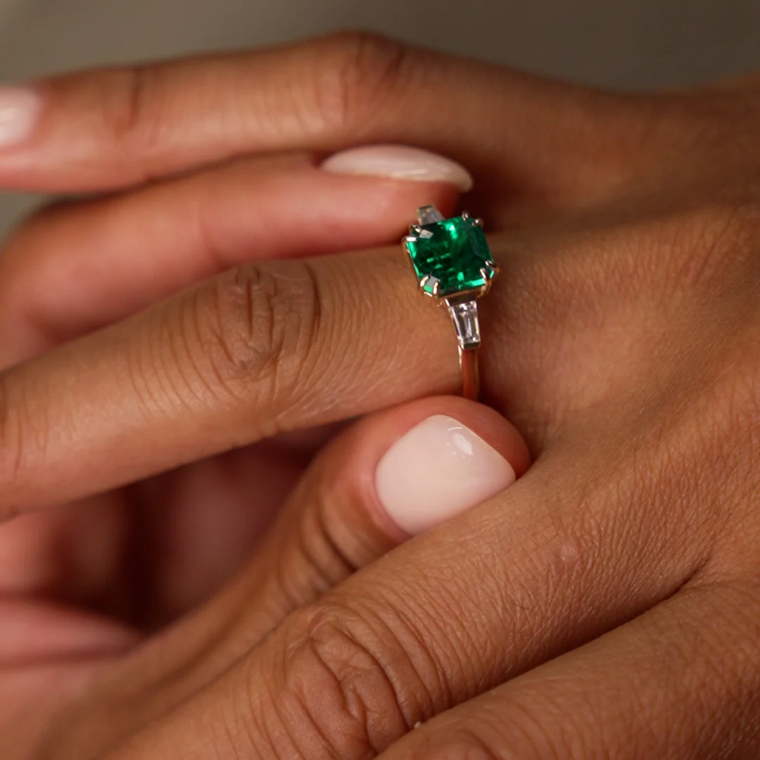 2.35 Ctw 14k  Asscher Cut Lab Grown Colombian Emerald and Baguette Diamond Ring - Lena - Image 3