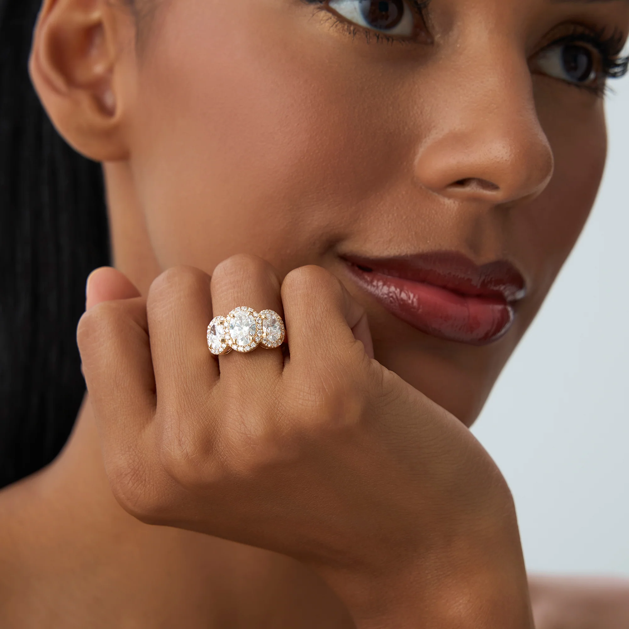 3.35 ctw Three Stone Halo Oval Lab Grown Engagement Ring - Ashley - Image 2