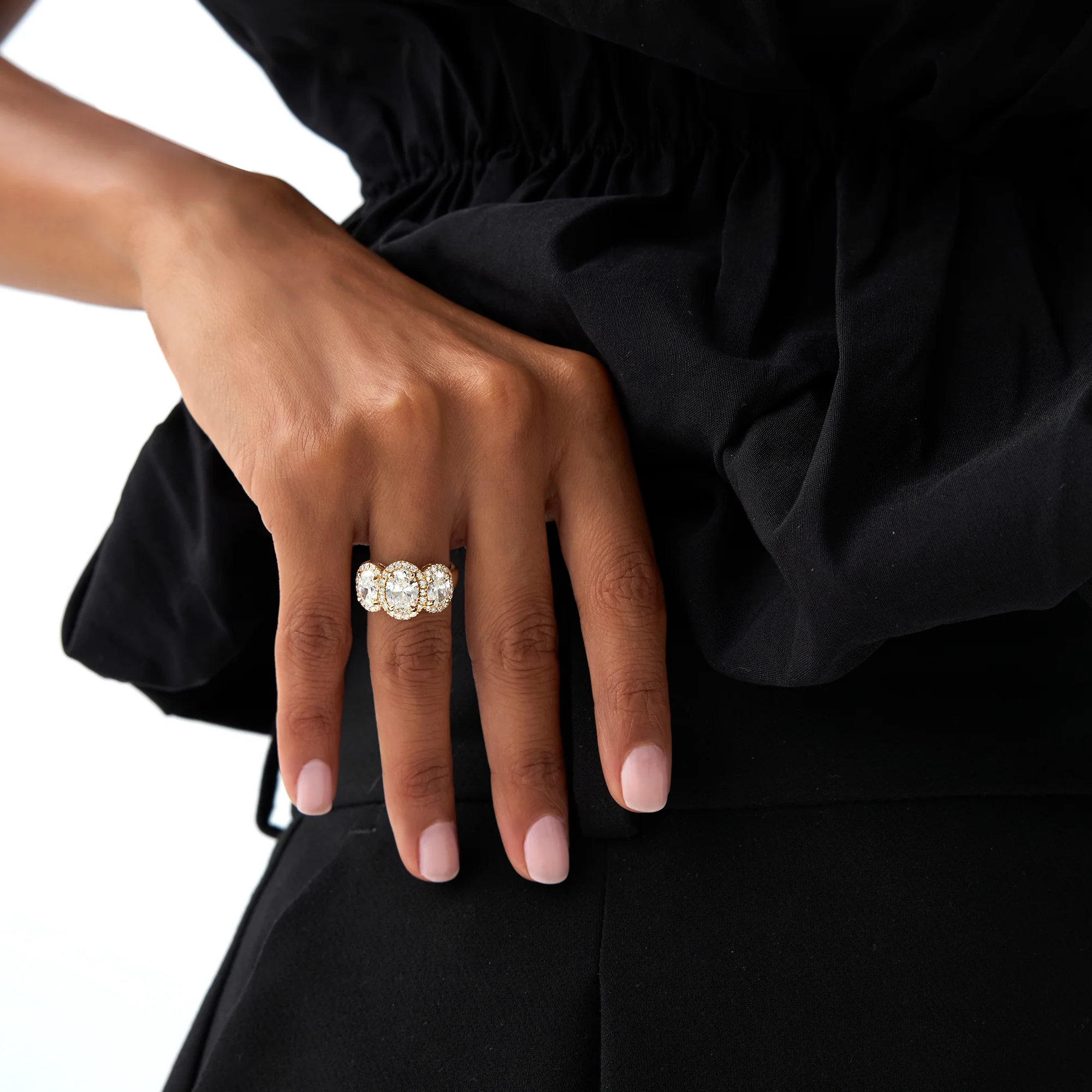 3.35 ctw Three Stone Halo Oval Lab Grown Engagement Ring - Ashley - Image 5