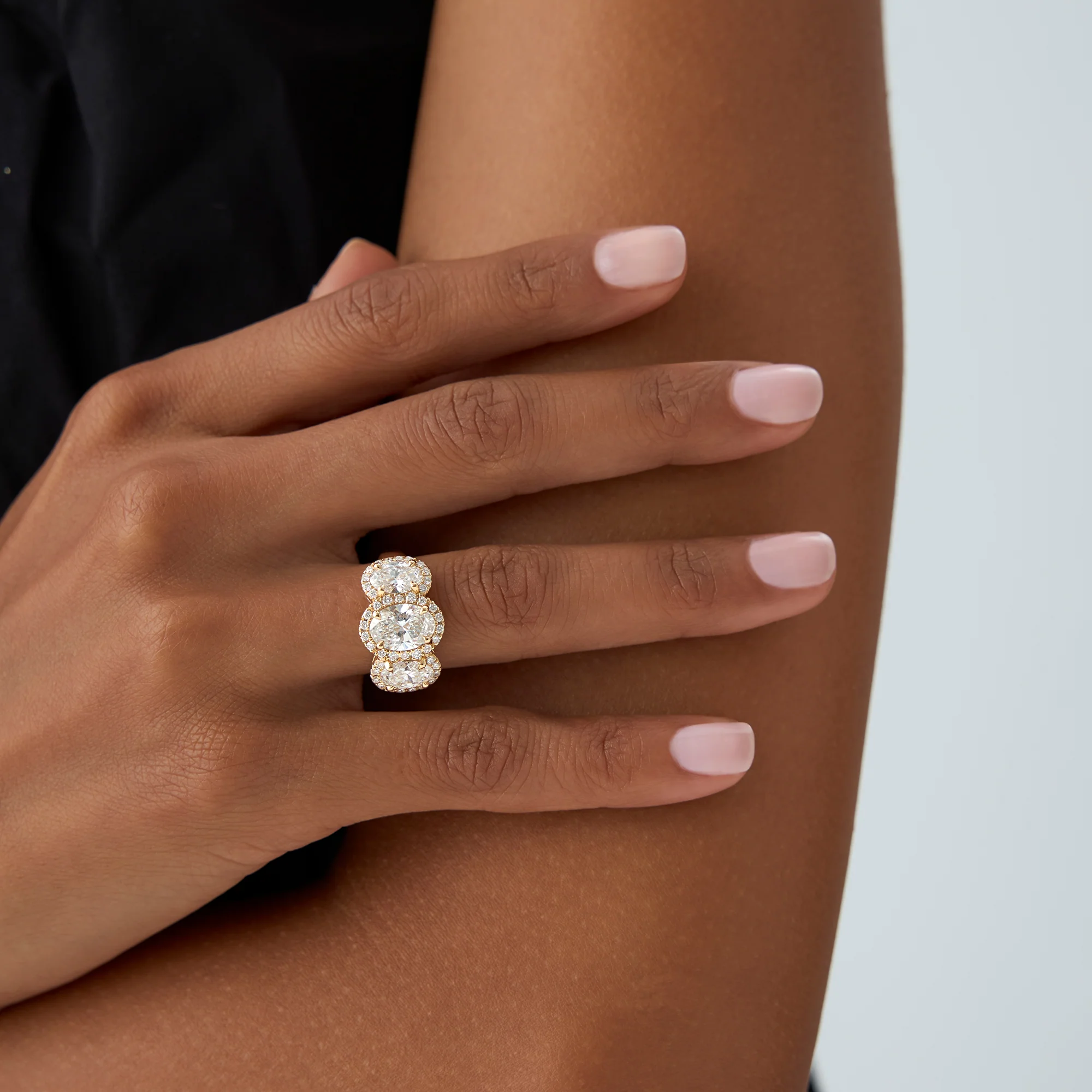3.35 ctw Three Stone Halo Oval Lab Grown Engagement Ring - Ashley - Image 6