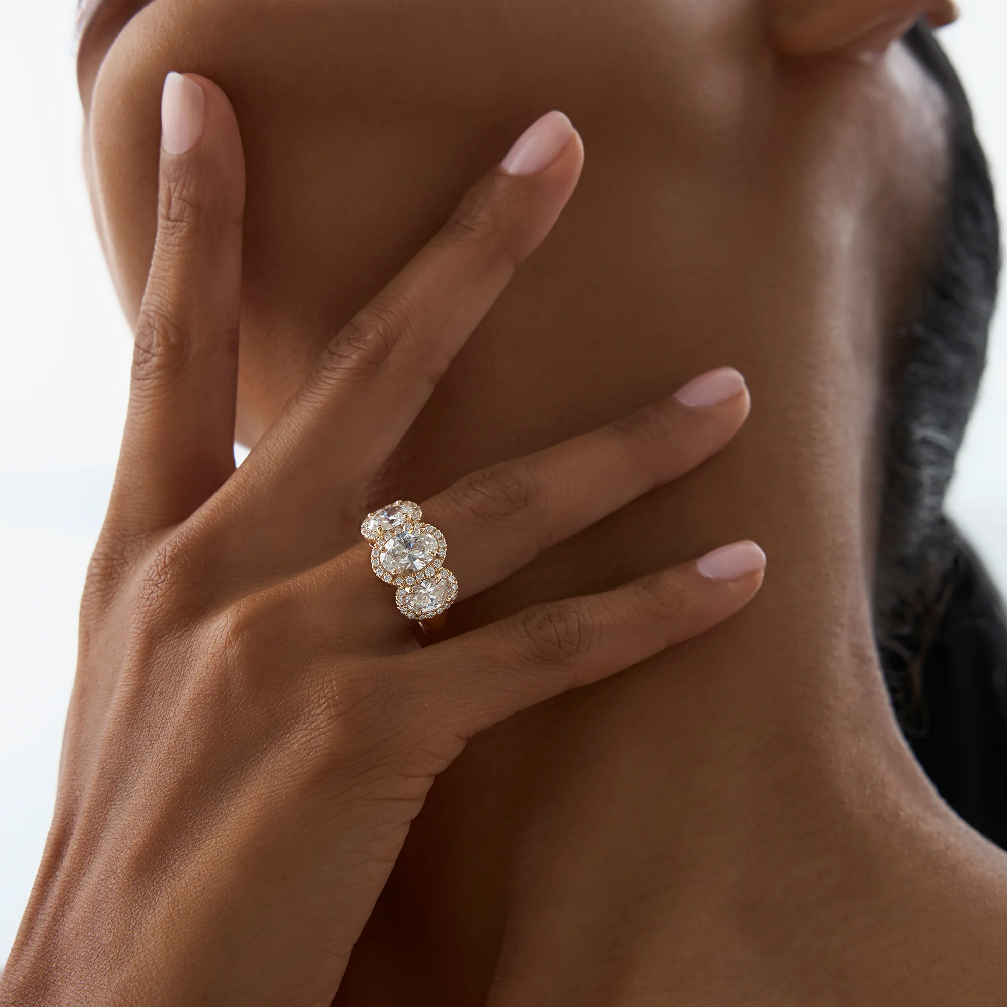 3.35 ctw Three Stone Halo Oval Lab Grown Engagement Ring - Ashley - Image 7