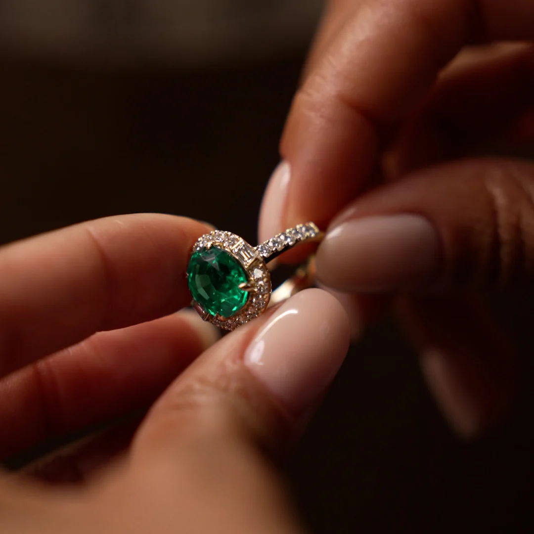 4.20 Ctw 14k Oval Shape Lab Grown Colombian Emerald and Diamond Halo Engagement Ring - Alma - Image 3