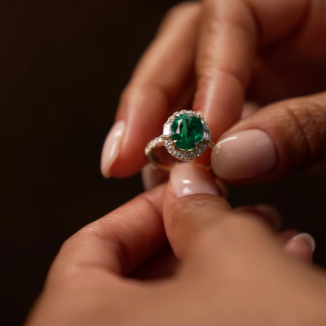 4.20 Ctw 14k Oval Shape Lab Grown Colombian Emerald and Diamond Halo Engagement Ring - Alma - Image 4