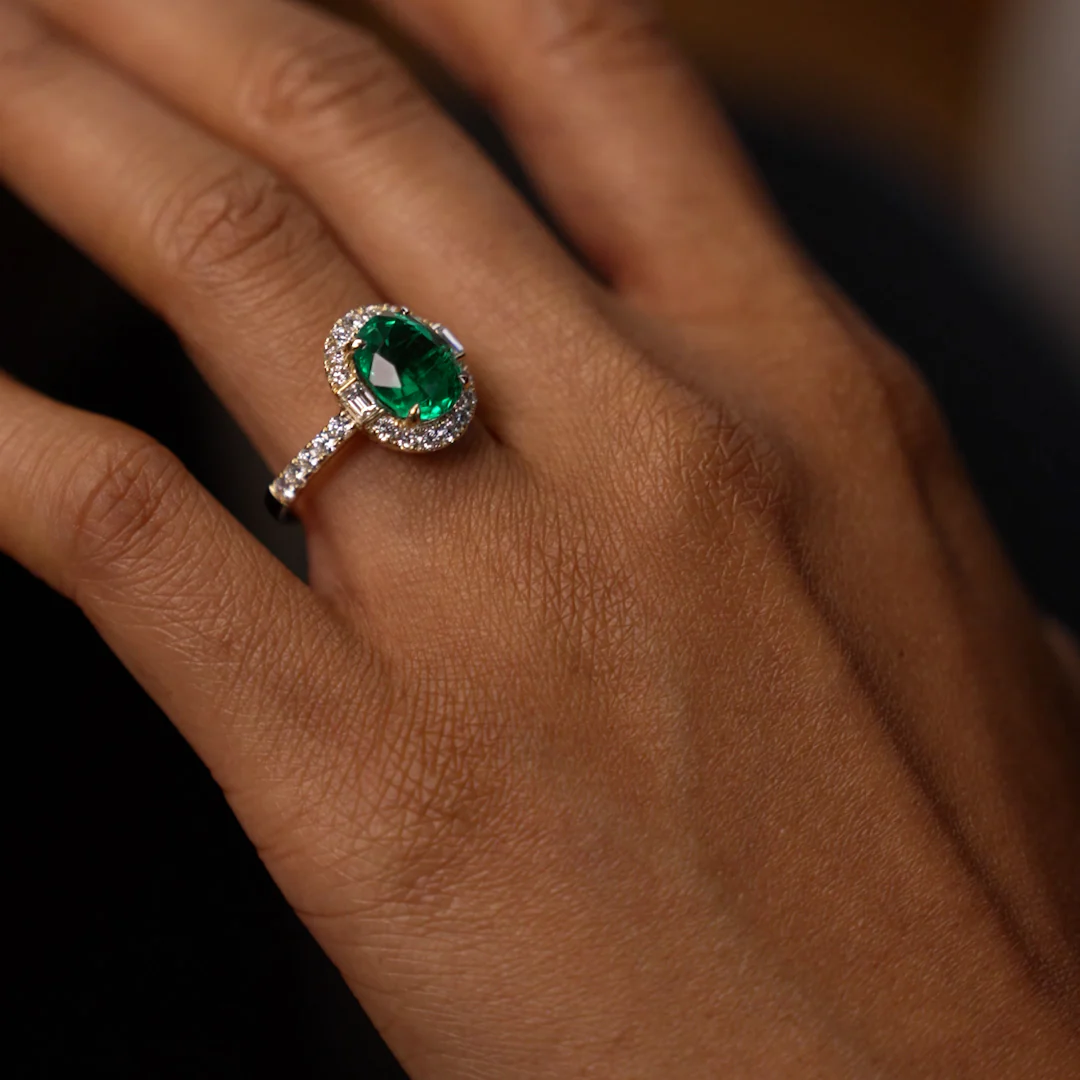 4.20 Ctw 14k Oval Shape Lab Grown Colombian Emerald and Diamond Halo Engagement Ring - Alma - Image 5