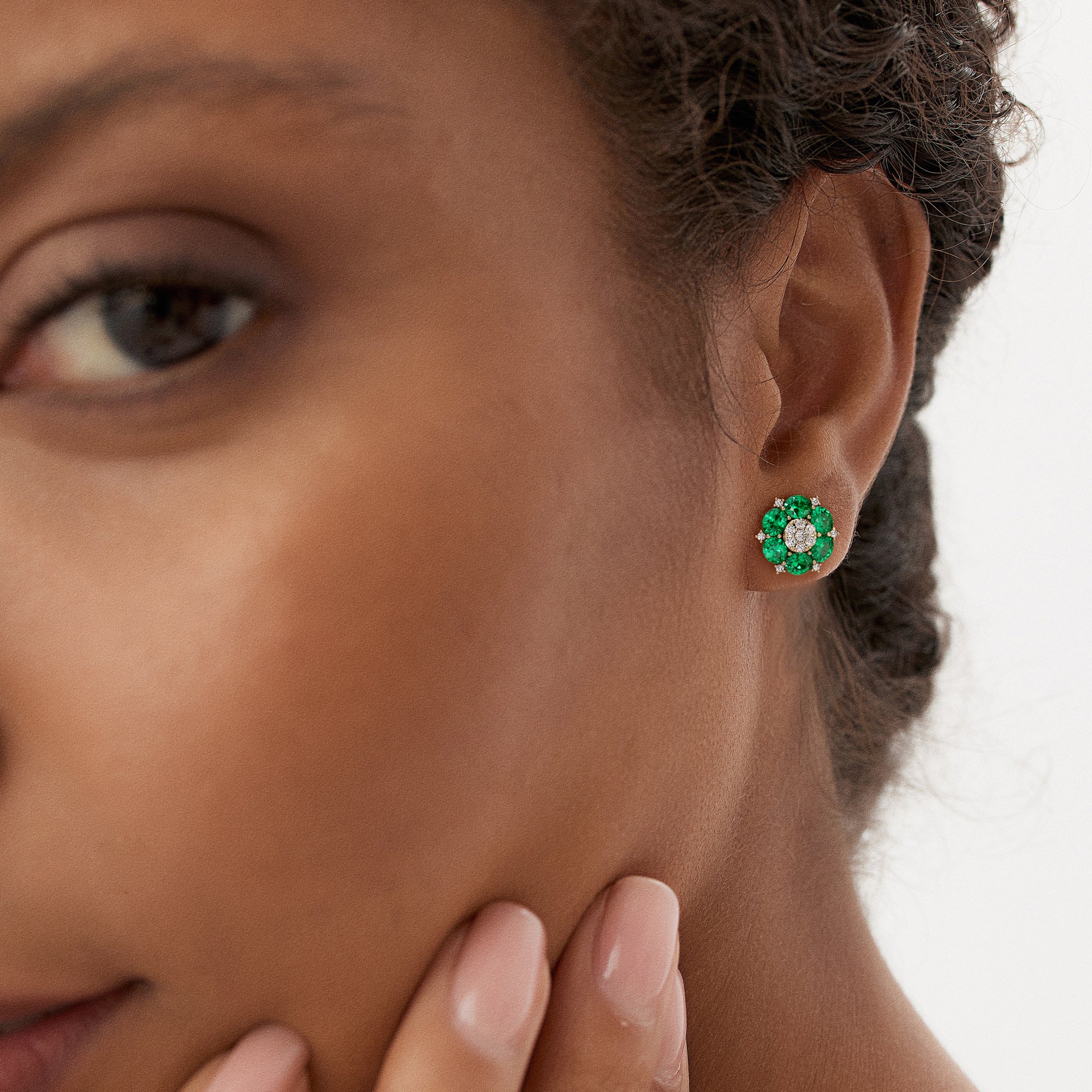 4.70 Ctw 14k Lab Grown  Emerald and Diamond Cluster Stud Earrings - Brina - Image 2